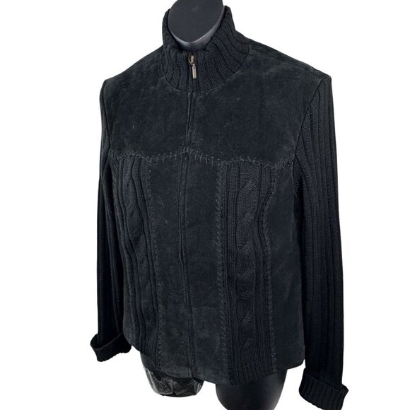 VTG 90s Suede Wool Blend Knit Zip Jacket Cardi Black Women’s MP Coldwater Creek - Picture 1 of 10